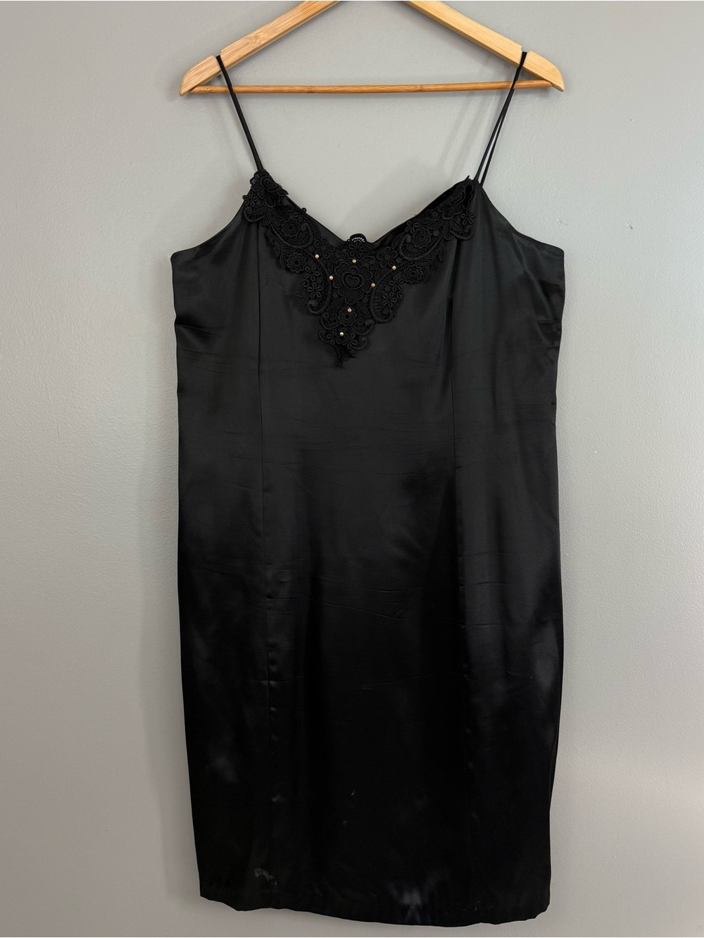 Vintage 90s Park Black Satin Lace Beaded Slip Dress XL Made in USA Whimsygoth